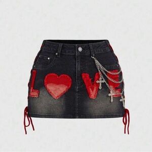 Black Denim Skirt with Red Accents